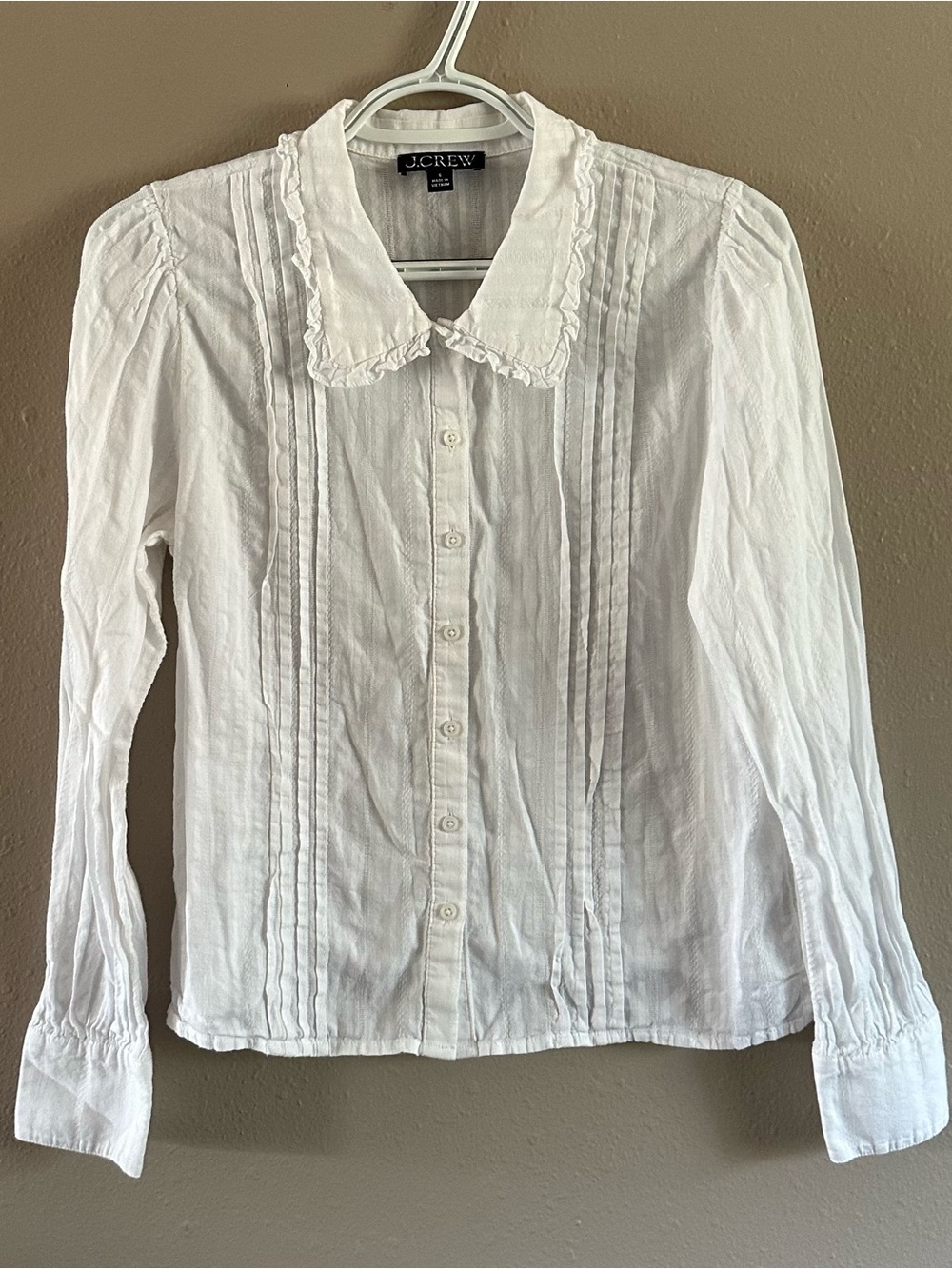 J. Crew White Pintuck Ruffle Collar Button-Down Shirt